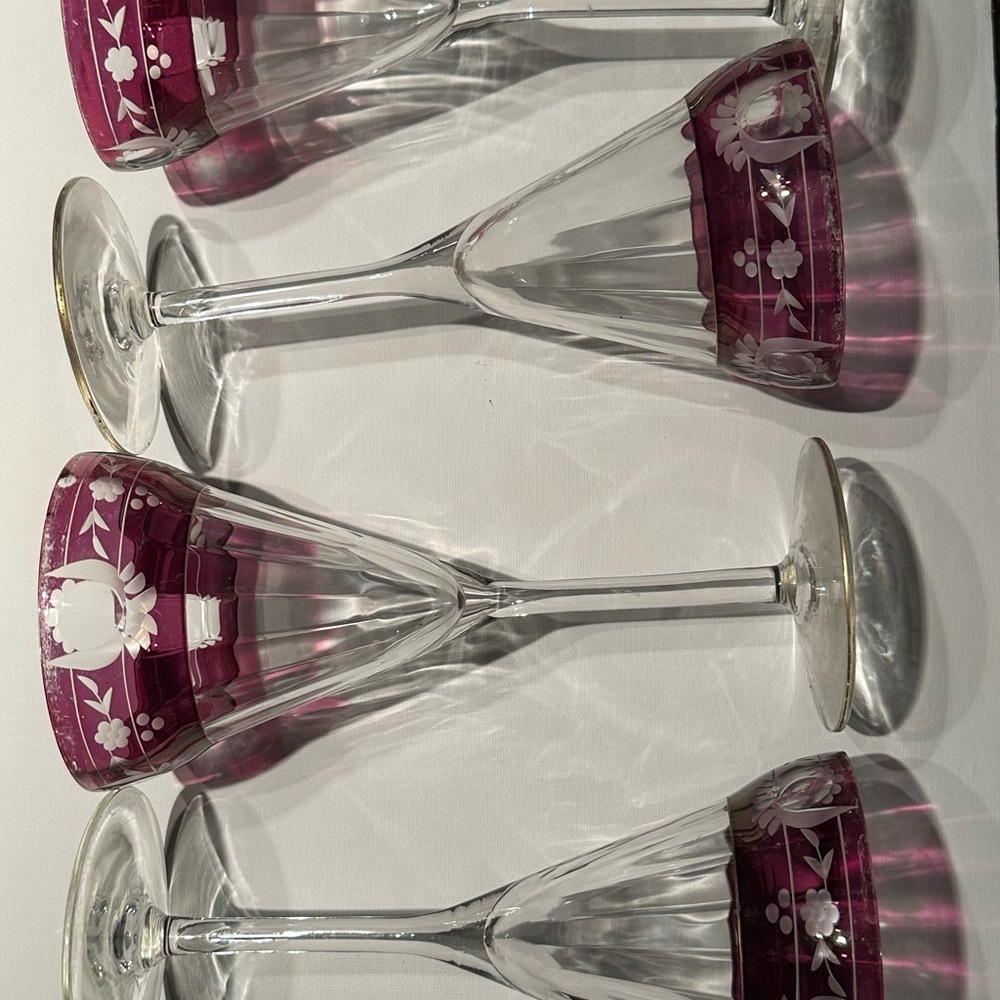 8” tall Crystal Wine Glasses Set of 4 Bohemian style Vintage